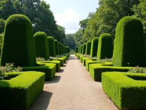 Boxwood Border Path - Normal view of a formal garden path with neatly trimmed boxwood hedges as edging, creating clean geometric lines