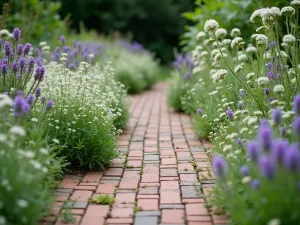 Brick-Edged Cottage Path - Close-up of a herringbone brick path edges with blooming catmint and white alyssum spilling over, creating soft cottage garden borders