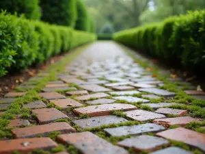 Brick Herringbone Path - Close-up of a traditional herringbone pattern brick path with moss growing between the bricks, bordered by manicured boxwood hedges