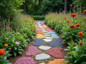 Butterfly Wing Path - A garden path designed to look like butterfly wings, using colored gravel and stone, lined with butterfly-attracting plants, wide angle