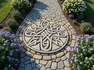 Celtic Knot Path - An intricate path design featuring Celtic knot patterns in natural stone, surrounded by purple and white flowering plants, aerial view