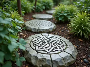 Celtic Knot Stones - Close-up of stepping stones carved with Celtic knot patterns, set among Irish-inspired garden plants