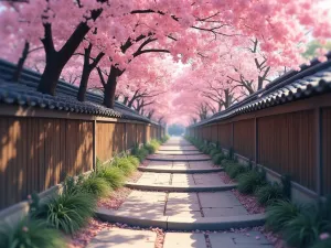 Cherry Blossom Stone Path - Romantic path view during spring with overhanging cherry blossoms, natural stone steps, and traditional wooden fence backdrop