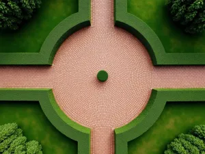 Circular Brick Pattern - Aerial shot of a circular brick pattern forming a garden focal point, with radiating paths extending outward, surrounded by perfectly manicured boxwood hedges