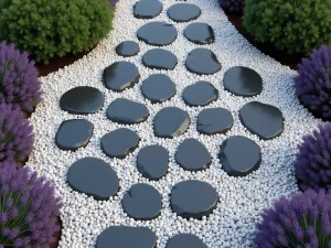 Circular Stone Pattern Path - Aerial view of a circular pattern stepping stone path made from polished slate discs, surrounded by white pebbles and purple lavender borders