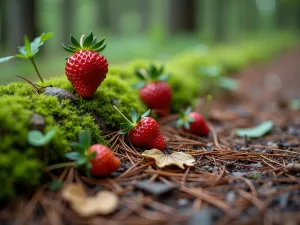 Close-up Forest Floor Detail - Intimate close-up of path edge showing pine needle mulch meeting moss and woodland strawberries, with small mushrooms and fallen leaves adding natural detail