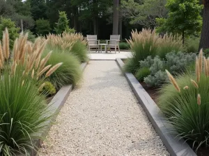 Coastal Garden Path - Wide angle shot of a beach-inspired garden path with light-colored gravel, coastal grasses, and weathered wood borders, leading to a seating area