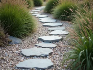 Coastal Stone Walkway - Beach-inspired stone path with weathered granite and shell fragments, bordered by coastal plants and grasses