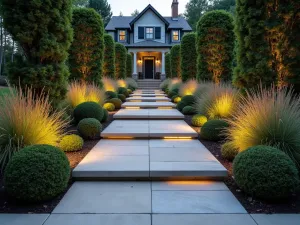 Contemporary Linear Path - Wide-angle view of long, straight concrete pavers with LED strip lighting, bordered by structured plantings of boxwood spheres and ornamental grasses