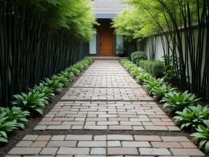 Contemporary Mixed-Width Path - Modern garden path using different width bricks in a structured pattern, bordered by architectural plants and black bamboo, shot from a low angle