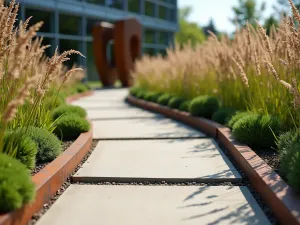 Industrial Corten Path - Close-up of a corten steel-edged path with smooth concrete surface, surrounded by tall ornamental grasses and modern sculpture