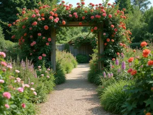 Cottage Garden Gravel Path - Romantic cottage garden path with mixed gravel, bordered by overflowing English cottage garden flowers and climbing roses on a rustic arch