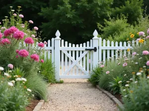 Cottage Gateway Path - Wide shot of a white picket gate opening onto a curved gravel path, bordered by cottage garden classics like phlox, snapdragons, and shasta daisies