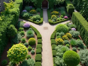 Cottage Kitchen Garden Path - Aerial view of a formal herb parterre with gravel paths, mixing ornamental flowers with culinary herbs in a traditional cottage kitchen garden style