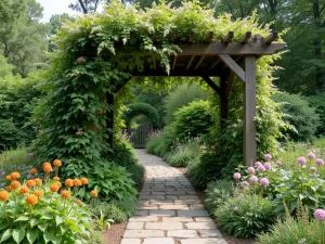 Cottage Path with Arbor - A wooden arbor covered in climbing honeysuckle and clematis, framing a natural stone path with cottage garden perennials spilling onto it