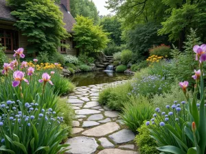 Cottage Path with Pond - Natural stone path leading to a small pond, surrounded by iris, marsh marigolds, and forget-me-nots, creating a peaceful cottage garden scene