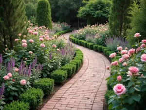 Curved Brick Garden Path - Aerial view of a gently curving brick path through a romantic garden, bordered by roses, salvias, and flowering perennials in soft pink and purple hues