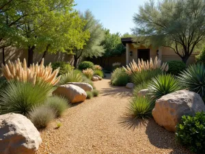 Desert Gravel Garden Path - Wide angle view of a drought-tolerant garden path with golden gravel, surrounded by succulents and ornamental grasses, with large decorative rocks