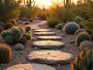 Desert Southwest Path - Natural sandstone stepping stones arranged through desert landscaping with succulents and cacti, captured in warm sunset light