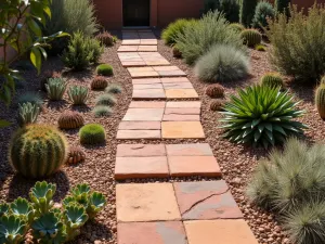 Desert Stone Trail - Aerial view of red sandstone pavers creating a path through xeriscaping with succulents and cacti