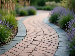 Diagonal Brick Pattern - Close-up of a contemporary diagonal brick pattern path with contrasting border, surrounded by ornamental grasses and purple verbena