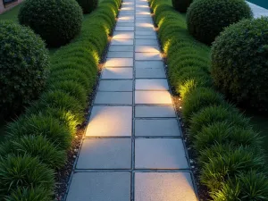 Digital Pattern Path - Aerial view of modern path with LED-embedded pavers creating programmable light patterns, surrounded by modern topiary