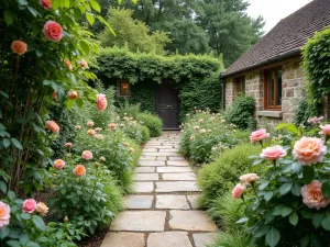 English Country Stone Path - Traditional stone path with aged yorkshire stone, surrounded by cottage garden flowers and climbing roses