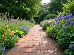 English Garden Brick Path - Wide shot of a traditional English garden brick path with running bond pattern, bordered by colorful perennial borders including delphiniums and lupins