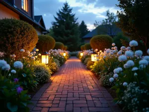 Evening Cottage Path - Wide angle view of a brick path at twilight, lined with white-blooming nicotiana and evening primrose, garden lanterns casting a warm glow