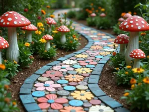 Fairy Tale Curved Path - Whimsical curving path made from mosaic stepping stones, surrounded by cottage garden flowers and mushroom sculptures