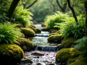 Fern Grove Pathway - Close-up of shaded path through Japanese painted ferns and hostas, with moss-covered stones and small water feature