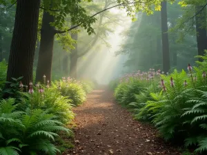 Fern Grove Pathway - Natural bark mulch path winding through a grove of native ferns and wood asters, morning mist creating ethereal atmosphere