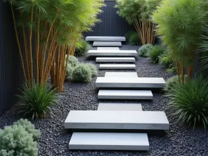 Floating Steps Path - Aerial view of floating concrete steps over dark pebbles, creating a modern floating pathway through a contemporary garden with black bamboo accents