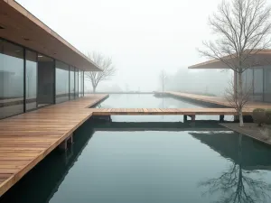 Floating Platform Path - Wide shot of wooden platforms appearing to float over a shallow reflection pool, connected by glass bridges, modern minimal design