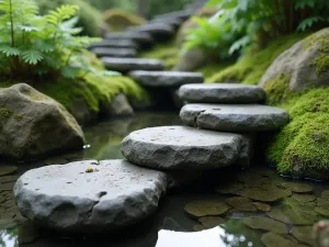 Floating Stone Steps - Japanese-inspired floating stone steps over a shallow water feature, surrounded by moss and small ferns, viewed from a low angle