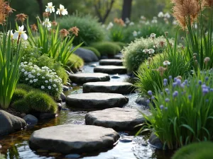 Forest Stream Path - Natural stepping stones crossing a small garden stream, surrounded by moisture-loving plants like iris, primula, and Japanese forest grass