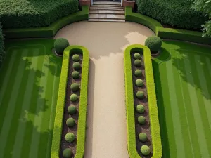 Formal Box-Edged Curved Path - Aerial view of a symmetrical curved gravel path bordered by perfectly manicured box hedging and topiary spheres