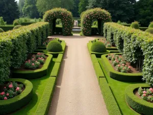 Formal Rose Garden Gravel Path - Aerial view of a symmetrical gravel path design with perfectly manicured box hedges and climbing roses on arbors, in a formal garden setting