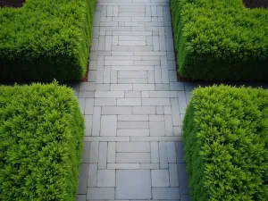 Formal Stone Pathway - Aerial view of a symmetrical stone path with perfectly cut granite pavers, bordered by manicured boxwood hedges