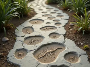 Fossil Print Path - A concrete path stamped with realistic fossil imprints, surrounded by prehistoric-looking plants, close-up detail