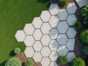 Geometric Pattern Path - Overhead view of hexagonal concrete pavers creating a modern honeycomb pattern, interspersed with artificial grass and ground cover