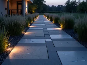 Geometric LED Path - Modern geometric concrete pavers with embedded LED lights creating a constellation pattern at night, surrounded by ornamental grasses, dusk view