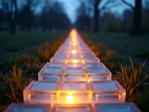 Illuminated Glass Path - Close-up of a path made from frosted glass blocks with internal lighting, creating a glowing walkway at dusk