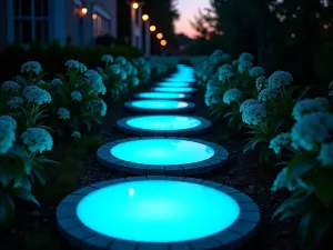 Glowing Night Path - Evening shot of phosphorescent stepping stones glowing in the dark, lined with white flowering plants, shot at twilight