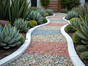 Gradient Glass Path - Modern pathway featuring crushed colored glass in gradient pattern, bordered by white concrete edges and modern sculptural succulents