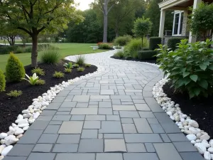 Monochrome Gradient Path - Wide angle of a path made from graduating shades of grey pavers, bordered by white stones and black metallic planters