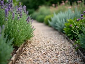 Herb Garden Gravel Path - Close-up view of a rustic gravel path winding through an herb garden, with thyme, sage, and oregano creating a fragrant border