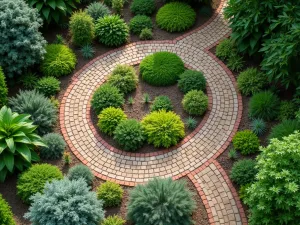 Herb Garden Spiral Path - Aerial view of a spiral path through an herb garden, made from terracotta pavers, with different herbs creating a patchwork of textures