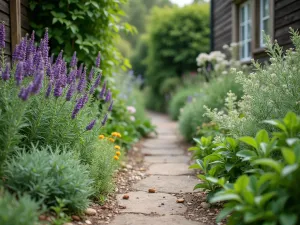 Herb-Lined Cottage Path - Close-up of a rustic path lined with traditional cottage garden herbs, including sage, rosemary, and oregano, with a vintage herb drying rack visible