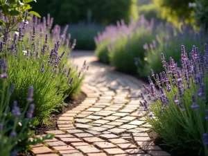 Herringbone Brick Path - A charming herringbone pattern brick garden path winding through a cottage garden, bordered by lavender and catmint, with soft morning light creating long shadows across the textured surface